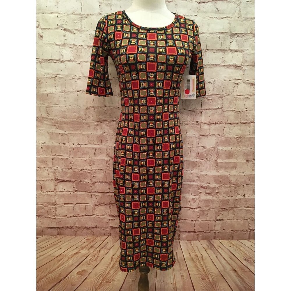 LuLaRoe JULIA Pencil Sheath Dress Womens XXS Maroon Multi Color Square Print NEW